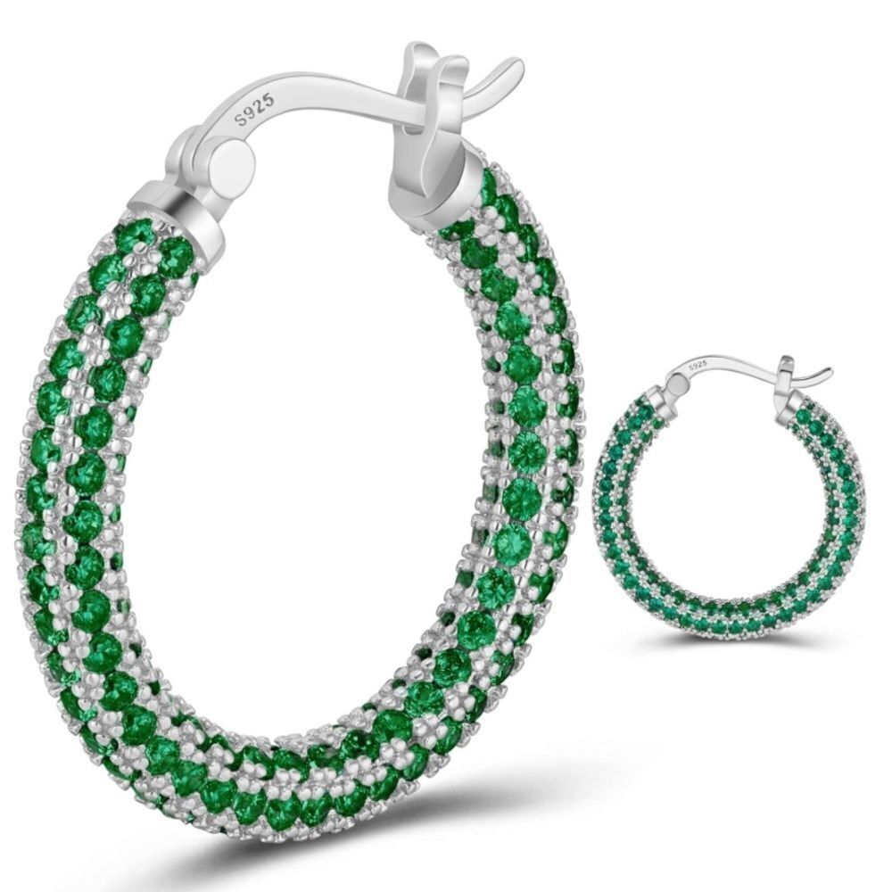14K White Gold Sterling Silver with Emerald Green Cubic Zirconia Hoop Earrings